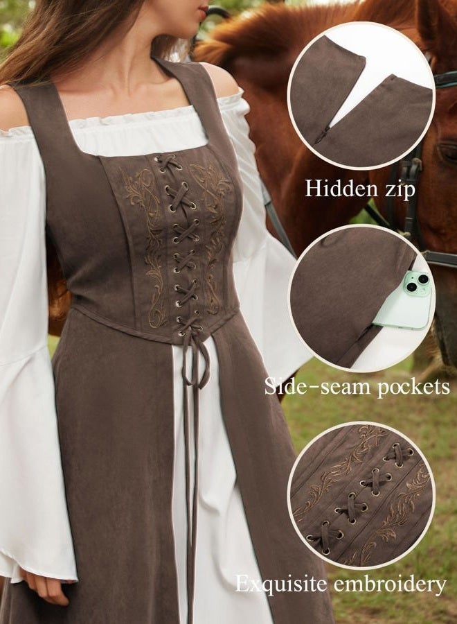 Scarlet Darkness Renaissance Dress Women Pirate Halloween Witchy Cosplay Overdress with Pockets, Brown, S - Image 2