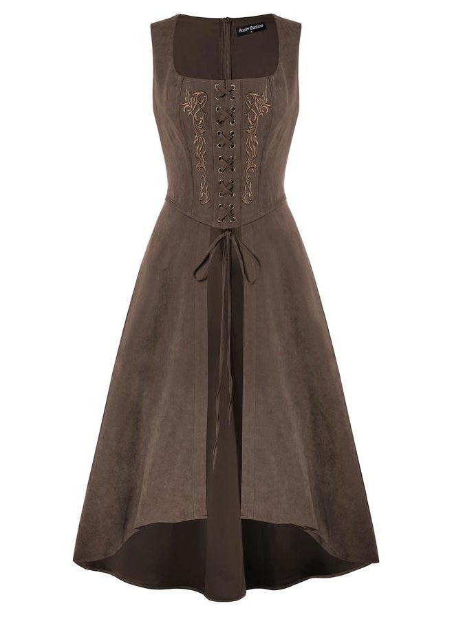 Scarlet Darkness Renaissance Dress Women Pirate Halloween Witchy Cosplay Overdress with Pockets, Brown, S - Image 1