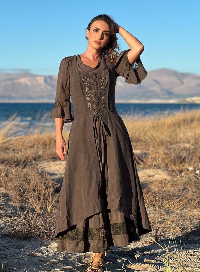 Scarlet Darkness Renaissance Dress Women Pirate Halloween Witchy Cosplay Overdress with Pockets, Brown, S - Image 4
