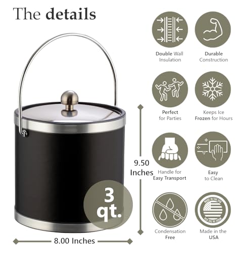 Kraftware Sophisticates Brushed Chrome Ice Bucket with Bale Handle and Metal Cover, Black - 3 Quart - Image 3