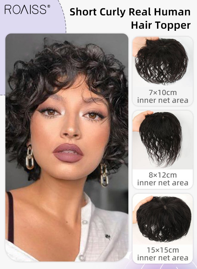 رويس أغطية شعر قصيرة مجعدة بشعر بشري حقيقي، شعر مستعار مزود بمشبك للنساء ذوات الشعر الرقيق لغطاء شعر رمادي، أسود طبيعي، 7x10 / 8x12 / 15x15cm - Image 1
