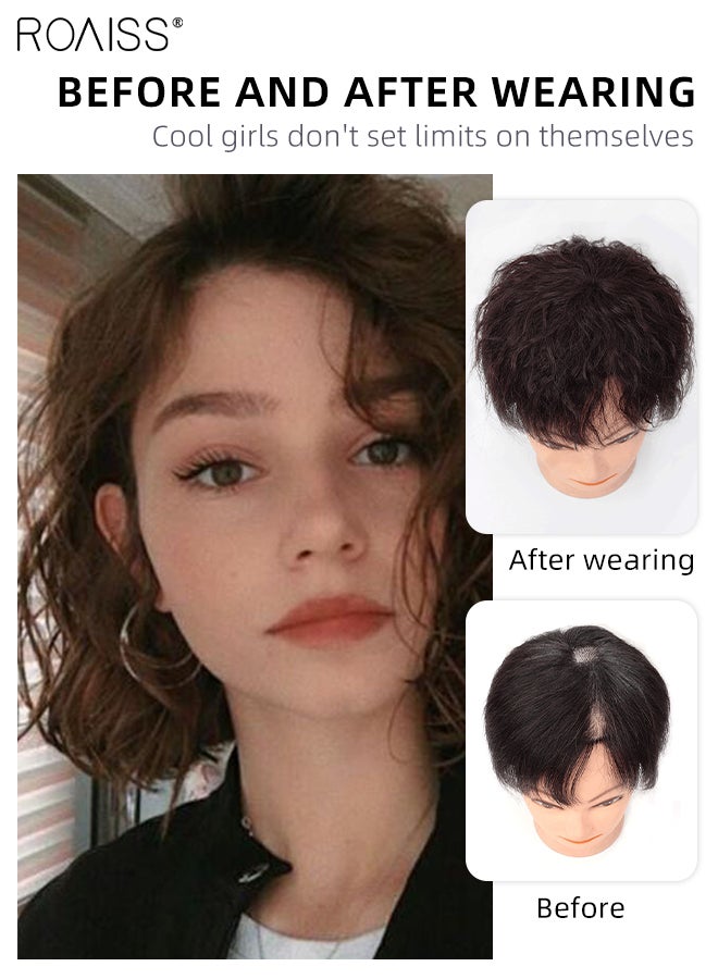 رويس أغطية شعر قصيرة مجعدة بشعر بشري حقيقي، شعر مستعار مزود بمشبك للنساء ذوات الشعر الرقيق لغطاء شعر رمادي، أسود طبيعي، 7x10 / 8x12 / 15x15cm - Image 2