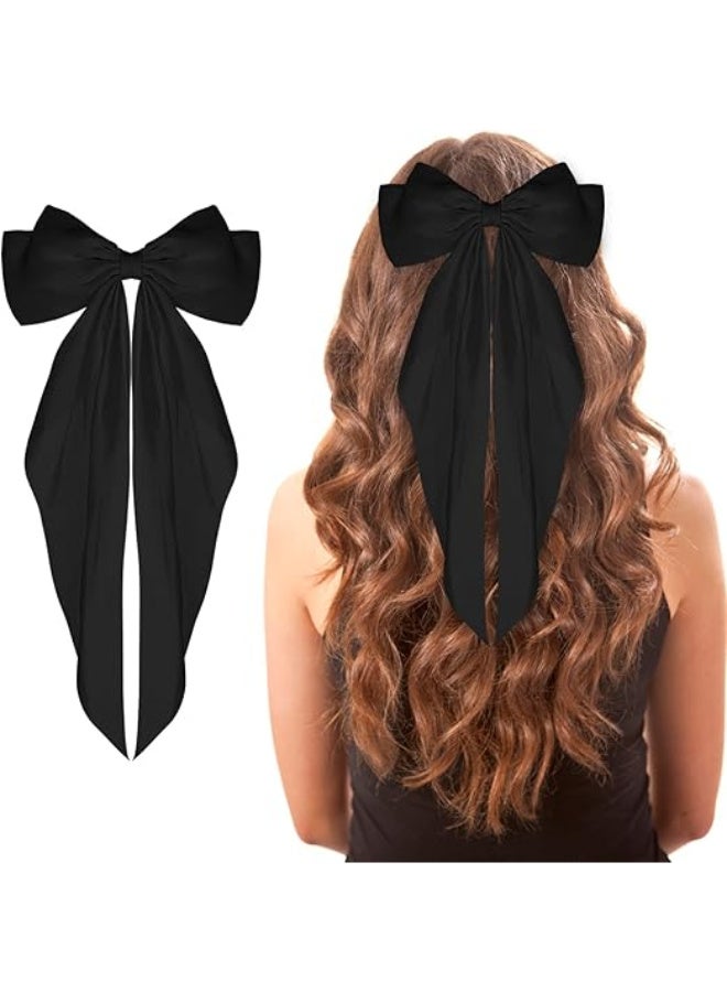 أناقة الساتان الليلية قطعة من الفخامة والنعومة طقم بونيه ساتان أنيق للنساء بونيه ساتان من طبقة واحدة للشعر المجعد مع ربطات شعر ساتان ومشابك فيونكة طويلة باللون الاسود - Image 3