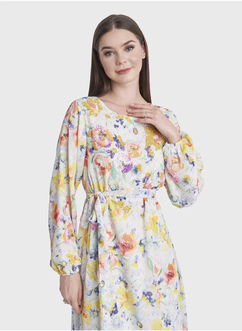 كشخة Floral Printed Beads Work Long Dress