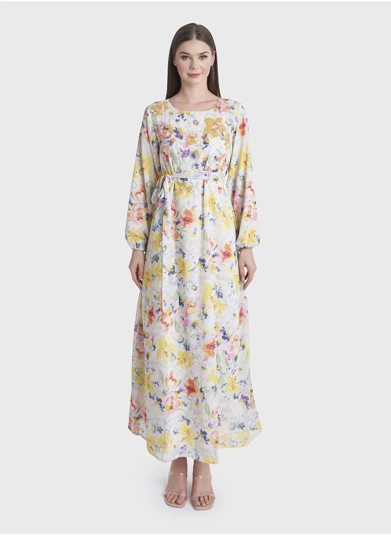كشخة Floral Printed Beads Work Long Dress