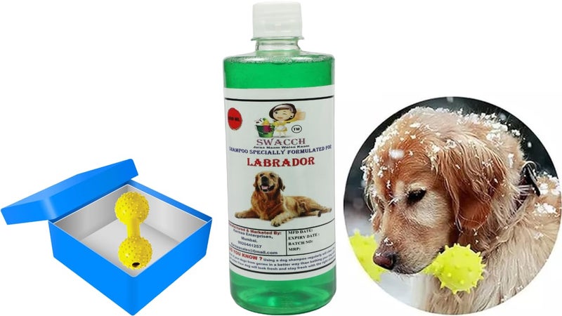 swacch Labrador Dog Shampoo + Dumbbell Toy I Durable Rubber Dog Toy for Chewing I Playing,Teeth Cleaning & Training Toy I Combo Pack I 500ml Neem Alovera - Image 1