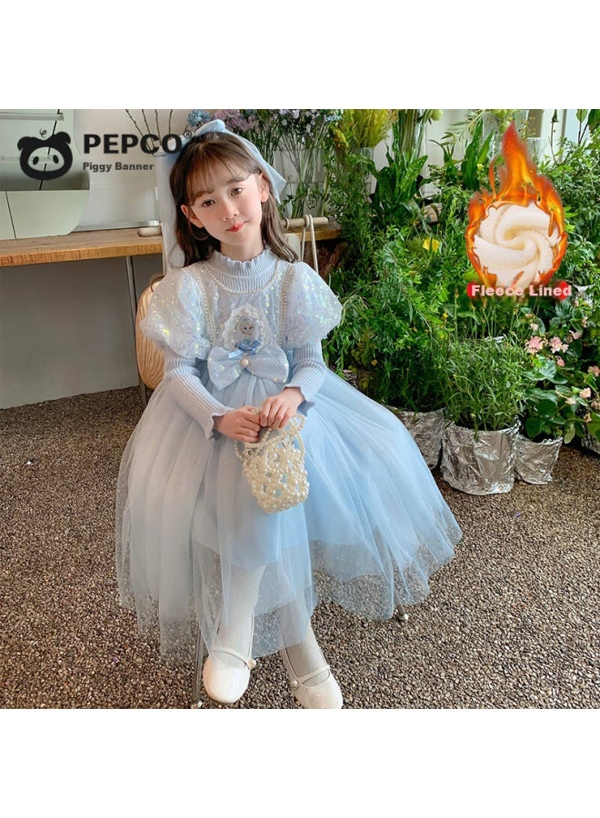 Pepco Girls Elsa Princess Dress Winter Children's Fashion Elsa Dress Winter Fleece Lined Blue 150