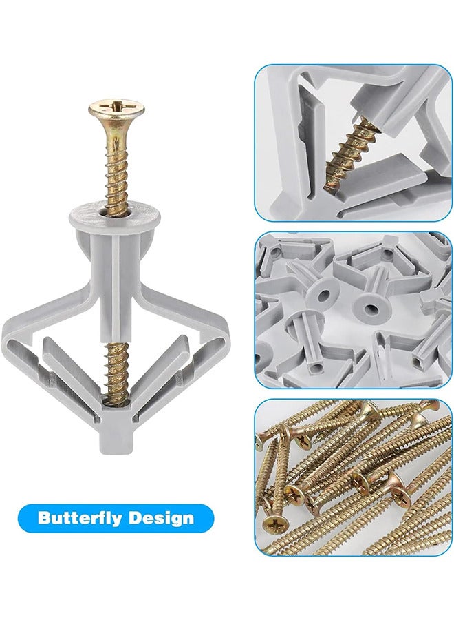 طقم مثبتات الحوائط الجافة مراسي الحائط المجوفة ذاتية التنصت شيتروك المراسي مثبتات اللوح الجصي مسامير تثبيت الجدار (50 قطعة ، رمادي) - Image 3