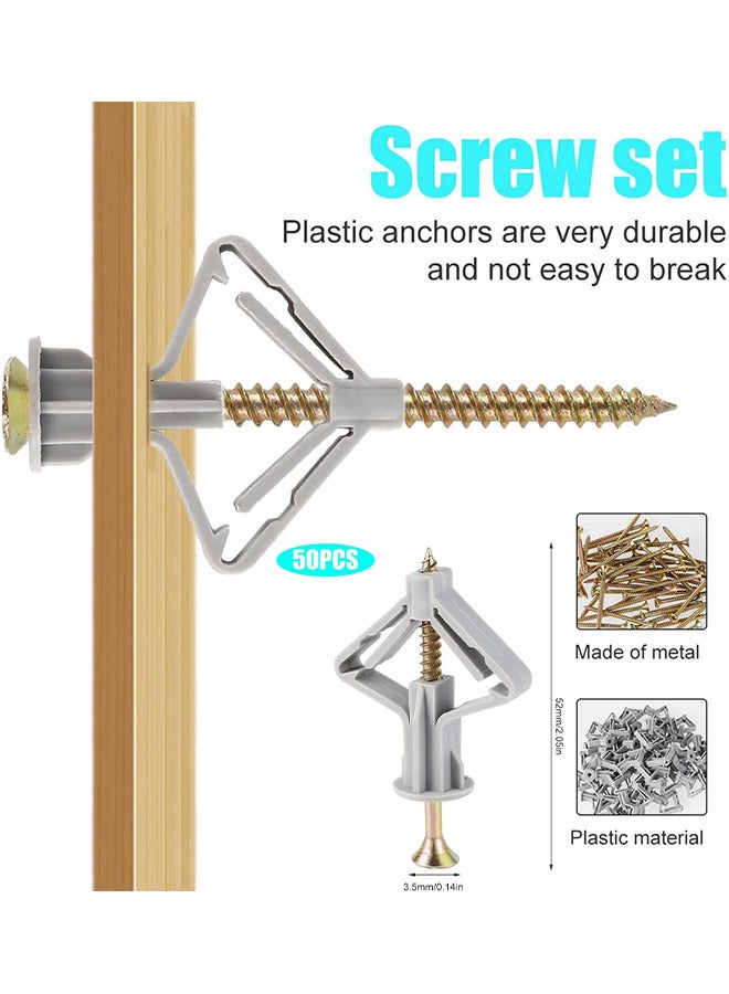 طقم مثبتات الحوائط الجافة مراسي الحائط المجوفة ذاتية التنصت شيتروك المراسي مثبتات اللوح الجصي مسامير تثبيت الجدار (50 قطعة ، رمادي) - Image 2