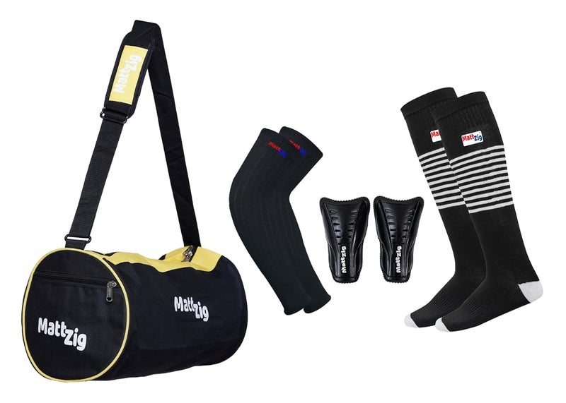 MATTZIG ® Club Football Kit (One Pair of Striped Lycra Socks + One Pair of Shin Guard + One Pair of Cotton Arm Sleeves + One Kit Bag) (Yellow, Black) - Image 1