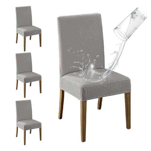 MOSAYT 100% Waterproof Dining Room Chair Covers Set of 4, Super Fit Stretch Jacquard Parson Chairs Slipcovers Removable Washable Chair Seat Protectors for Home, Kitchen, Banquet (Light Grey) - Image 1
