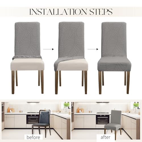 MOSAYT 100% Waterproof Dining Room Chair Covers Set of 4, Super Fit Stretch Jacquard Parson Chairs Slipcovers Removable Washable Chair Seat Protectors for Home, Kitchen, Banquet (Light Grey) - Image 5