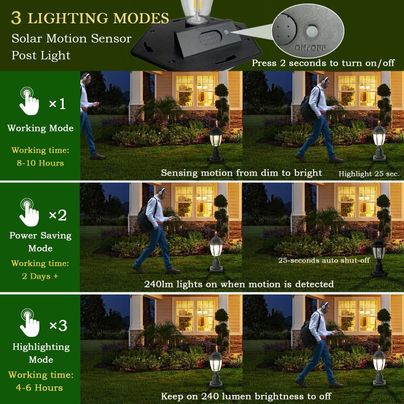 Jalarox Solar Post Lamp Lights, Dusk to Dawn Post Light with Pier Mount Base, Outdoor Waterproof Solar Motion Sensor Lights for Garden Yard Landscape Pole Pillar - Image 3