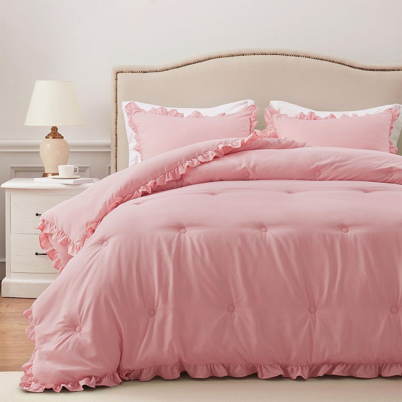 HARBOREST Lightweight 3 Pieces Ruffle Bed Set Vintage Farmhouse Soft Comforter Set with 2 Pillow ShamsKing 106x92 inches Pink