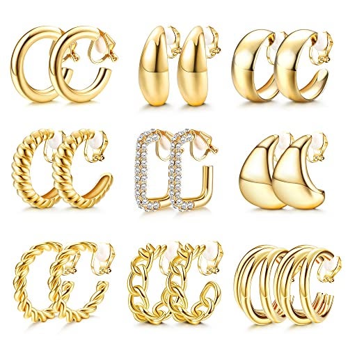 YADOCA 9 Pairs Gold Clip on Earrings for Women 14K Gold Plated Waterdrop Chunky Clip on Hoop Earrings No Piercing Fake Earrings Set - Image 1