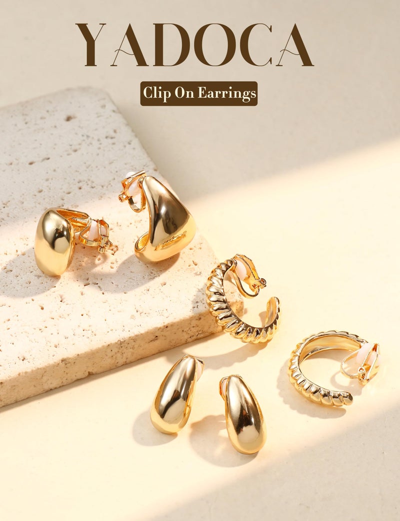 YADOCA 9 Pairs Gold Clip on Earrings for Women 14K Gold Plated Waterdrop Chunky Clip on Hoop Earrings No Piercing Fake Earrings Set - Image 2