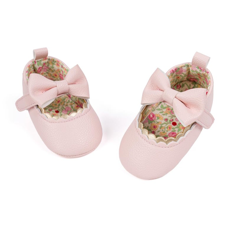 Meckior Newborn Baby Girls Pink Dress Shoes Infant Bowknot Soft Sole Mary Jane Moccasins Baptism Christening Crib Shoes Wedding Princess Flats 0-3 Months - Image 1