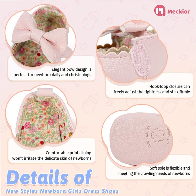 Meckior Newborn Baby Girls Pink Dress Shoes Infant Bowknot Soft Sole Mary Jane Moccasins Baptism Christening Crib Shoes Wedding Princess Flats 0-3 Months - Image 5