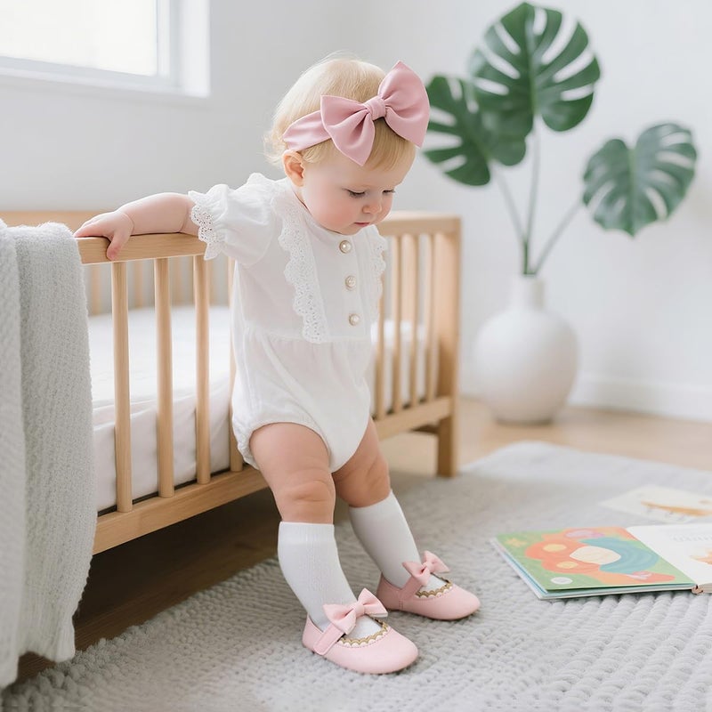 Meckior Newborn Baby Girls Pink Dress Shoes Infant Bowknot Soft Sole Mary Jane Moccasins Baptism Christening Crib Shoes Wedding Princess Flats 0-3 Months - Image 2