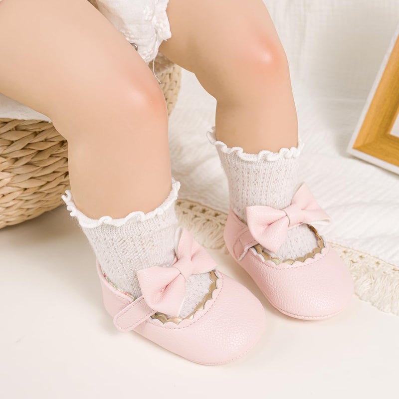 Meckior Newborn Baby Girls Pink Dress Shoes Infant Bowknot Soft Sole Mary Jane Moccasins Baptism Christening Crib Shoes Wedding Princess Flats 0-3 Months - Image 3