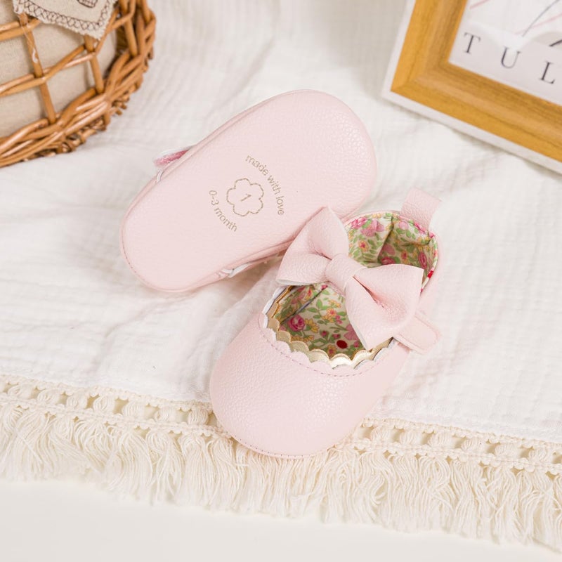 Meckior Newborn Baby Girls Pink Dress Shoes Infant Bowknot Soft Sole Mary Jane Moccasins Baptism Christening Crib Shoes Wedding Princess Flats 0-3 Months - Image 4