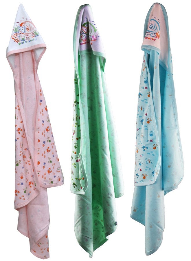 Favism Pure Cotton Soft Breathable New Born Baby Bath Towel with Hood Pack of 3 pcs, Peach Green Blue, Size 30 x 30 inch, 0-24 Months, Unisex - Image 1