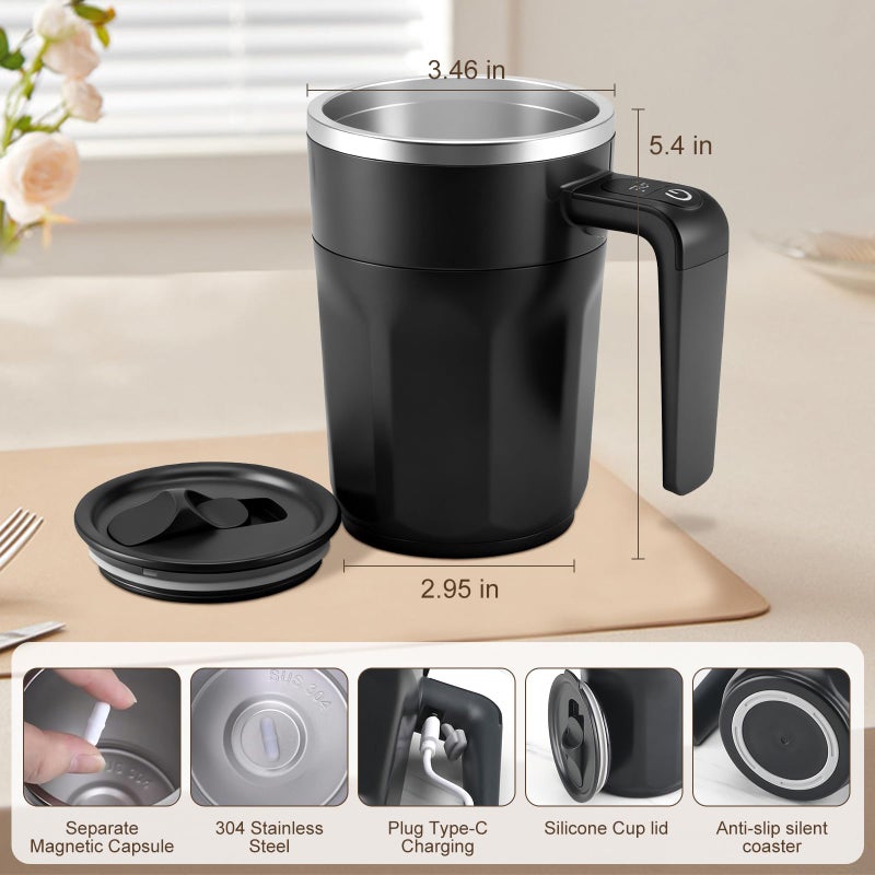 Ftutom Temperature Display Self Stirring Coffee Mug, Rechargeable Stirring Mug, Automatic Self Stirring Cup with Lid, For Coffee, Milk and Other Beverages, Black - Image 4