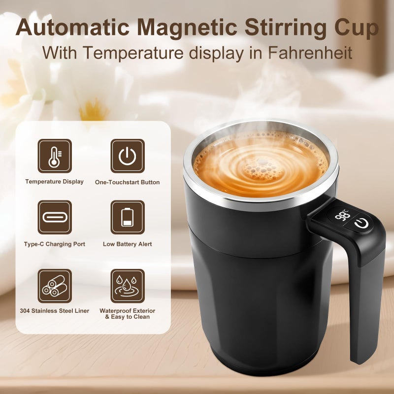 Ftutom Temperature Display Self Stirring Coffee Mug, Rechargeable Stirring Mug, Automatic Self Stirring Cup with Lid, For Coffee, Milk and Other Beverages, Black - Image 3