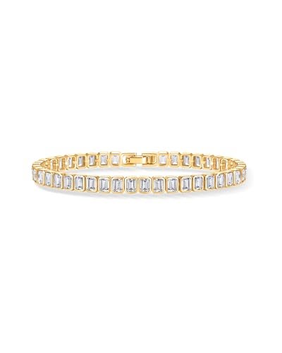 PAVOI 14K Yellow Gold Plated Simulated Diamonds Bezel Set Tennis Bracelets for Women - Cubic Zirconia Stones Radiant Cut Statement Bride Gold Bracelet Stack - Size 6.5" - Image 3
