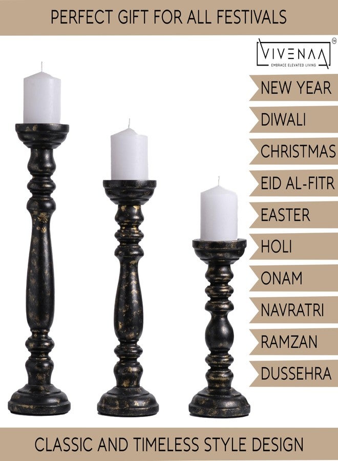 VIVENAA Wooden Candle Holder Stand with 3 Free Candles for Home & Table Decoration Best Handmade Gift for Christmas, Diwali, Ramzan, Living, Dining, Pooja, Bedroom, Kitchen Black & Gold 15” 12” 9” - Image 4