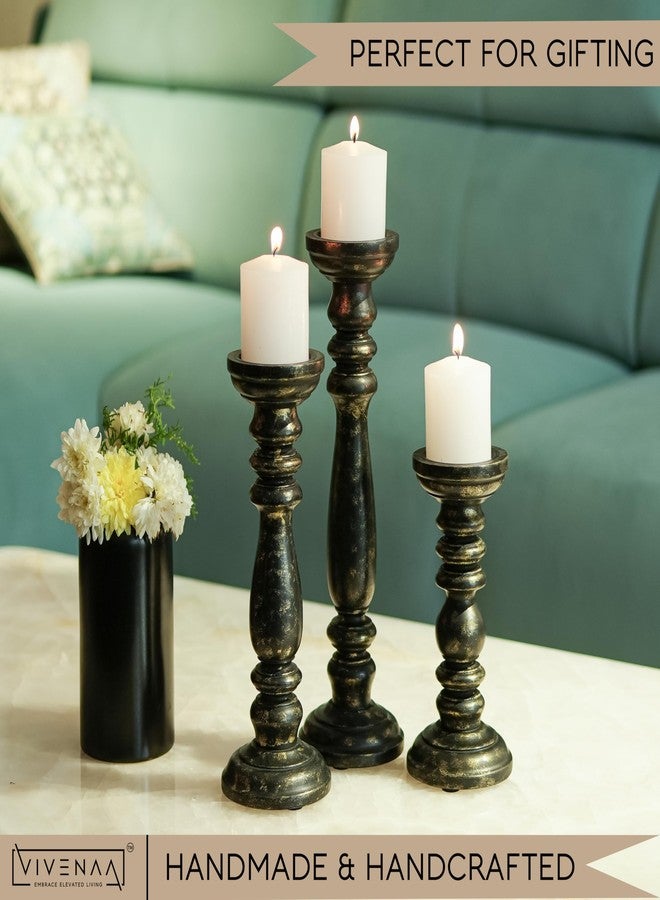 VIVENAA Wooden Candle Holder Stand with 3 Free Candles for Home & Table Decoration Best Handmade Gift for Christmas, Diwali, Ramzan, Living, Dining, Pooja, Bedroom, Kitchen Black & Gold 15” 12” 9” - Image 2