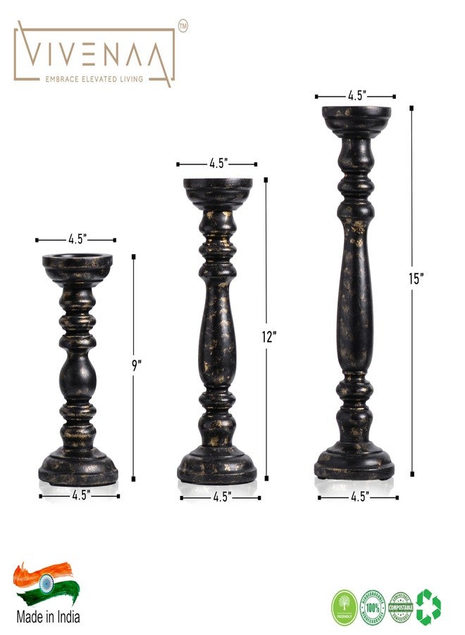 VIVENAA Wooden Candle Holder Stand with 3 Free Candles for Home & Table Decoration Best Handmade Gift for Christmas, Diwali, Ramzan, Living, Dining, Pooja, Bedroom, Kitchen Black & Gold 15” 12” 9” - Image 3