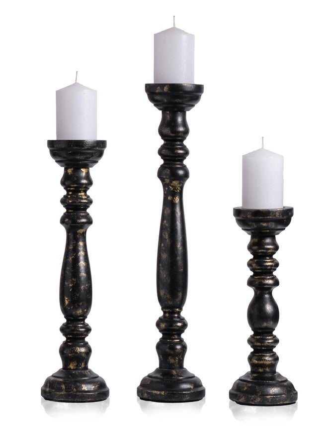 VIVENAA Wooden Candle Holder Stand with 3 Free Candles for Home & Table Decoration Best Handmade Gift for Christmas, Diwali, Ramzan, Living, Dining, Pooja, Bedroom, Kitchen Black & Gold 15” 12” 9” - Image 1