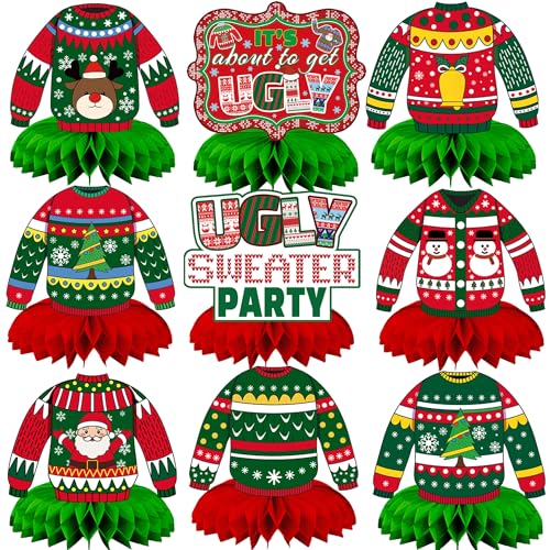 CUUSNNY 9 Pcs Ugly Sweater Party Decorations Honeycomb CenterpieceChristmas Office Party Table Decorations for Ugly Sweater Contest Supplies - Image 1