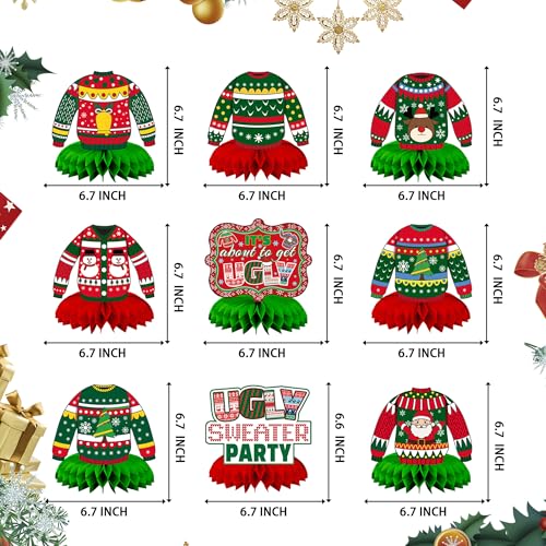 CUUSNNY 9 Pcs Ugly Sweater Party Decorations Honeycomb CenterpieceChristmas Office Party Table Decorations for Ugly Sweater Contest Supplies - Image 5