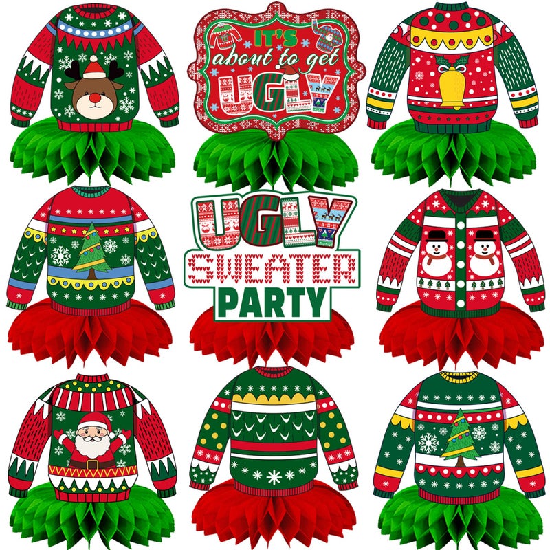 CUUSNNY 9 Pcs Ugly Sweater Party Decorations Honeycomb CenterpieceChristmas Office Party Table Decorations for Ugly Sweater Contest Supplies - Image 3