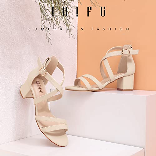 IDIFU Women's Block Low Chunky Heel Strappy Sandals Open Toe Ankle Strap Dress Wedding Evening Shoe for Women Bridal (Nude Nubuck, 8.5 M US) - Image 2