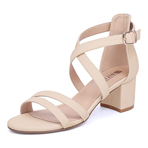 IDIFU Women's Block Low Chunky Heel Strappy Sandals Open Toe Ankle Strap Dress Wedding Evening Shoe for Women Bridal (Nude Nubuck, 8.5 M US) - Image 1