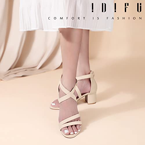 IDIFU Women's Block Low Chunky Heel Strappy Sandals Open Toe Ankle Strap Dress Wedding Evening Shoe for Women Bridal (Nude Nubuck, 8.5 M US) - Image 5