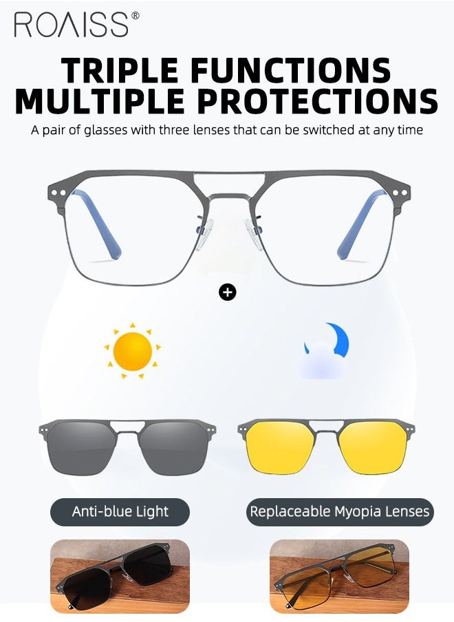 3-in-1 Magnetic Polarized Clip-On Sunglasses Set, Blue Light Blocking Glasses with Magnetic Polarized Lens and Magnetic Night Vision Lens, Versatile Eyewear for Day and Night Use for Men and Women
