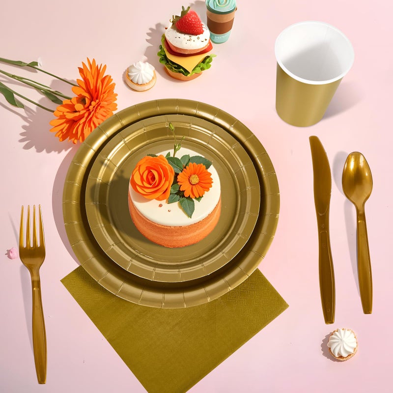 Ottin 169pcs Gold Paper Plates and Napkins Party Supplies Plastic Spoons Knives Forks Cups Tablecloth Disposable Decorations for Birthday Wedding Dinner Party Father's Day Memorial Day - Image 4