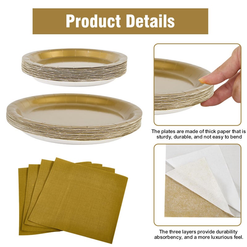 Ottin 169pcs Gold Paper Plates and Napkins Party Supplies Plastic Spoons Knives Forks Cups Tablecloth Disposable Decorations for Birthday Wedding Dinner Party Father's Day Memorial Day - Image 2