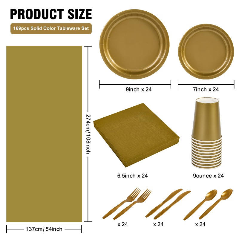 Ottin 169pcs Gold Paper Plates and Napkins Party Supplies Plastic Spoons Knives Forks Cups Tablecloth Disposable Decorations for Birthday Wedding Dinner Party Father's Day Memorial Day - Image 1