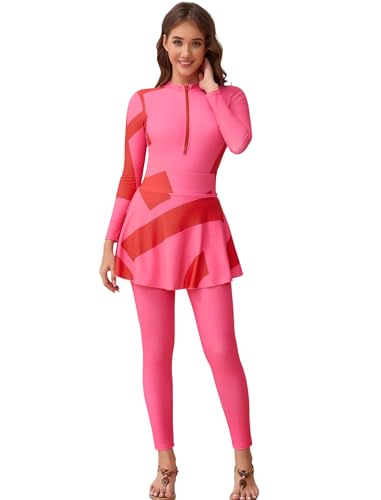 ABEWIP Muslim Swimsuits for Women 3 Piece Long Sleeves Swimming Suit Islamic Swim Tops Pants Skirt Rash Guard Pink S - Image 1