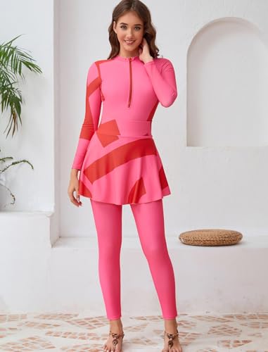 ABEWIP Muslim Swimsuits for Women 3 Piece Long Sleeves Swimming Suit Islamic Swim Tops Pants Skirt Rash Guard Pink S - Image 3