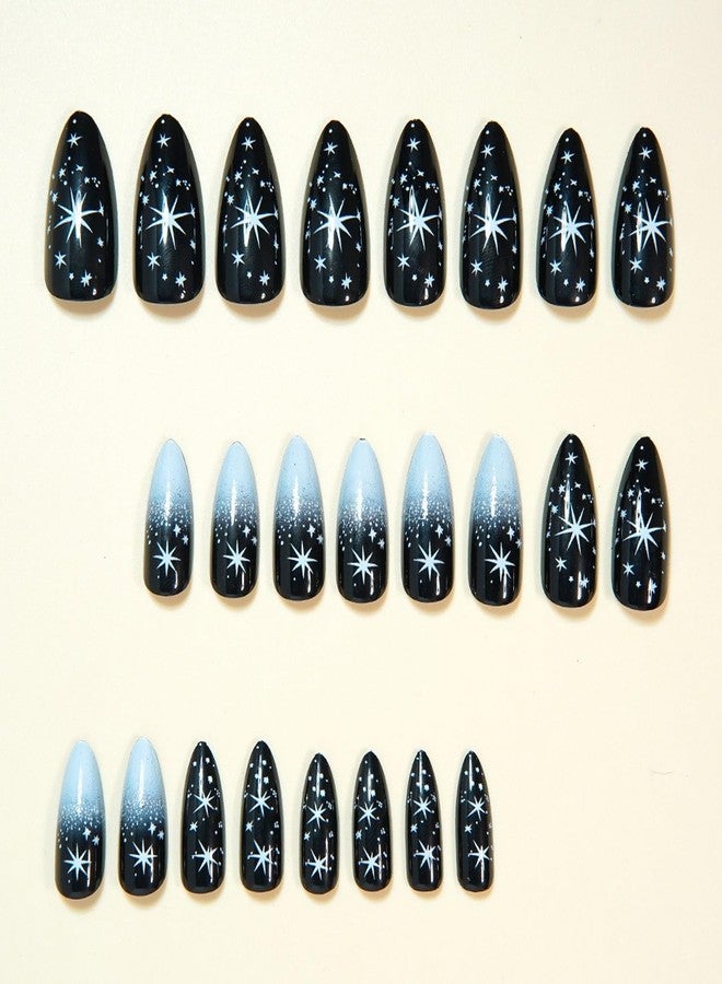 OFDNE Press on Nails Medium Almond OFDNE Fake Nails French Tip False Nails with Ombre Polka Dots Starlight Designs Black Glossy Glue on Nail Full Cover Acrylic Nails for Women Girls 24Pcs - Image 4