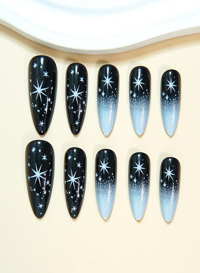OFDNE Press on Nails Medium Almond OFDNE Fake Nails French Tip False Nails with Ombre Polka Dots Starlight Designs Black Glossy Glue on Nail Full Cover Acrylic Nails for Women Girls 24Pcs - Image 2