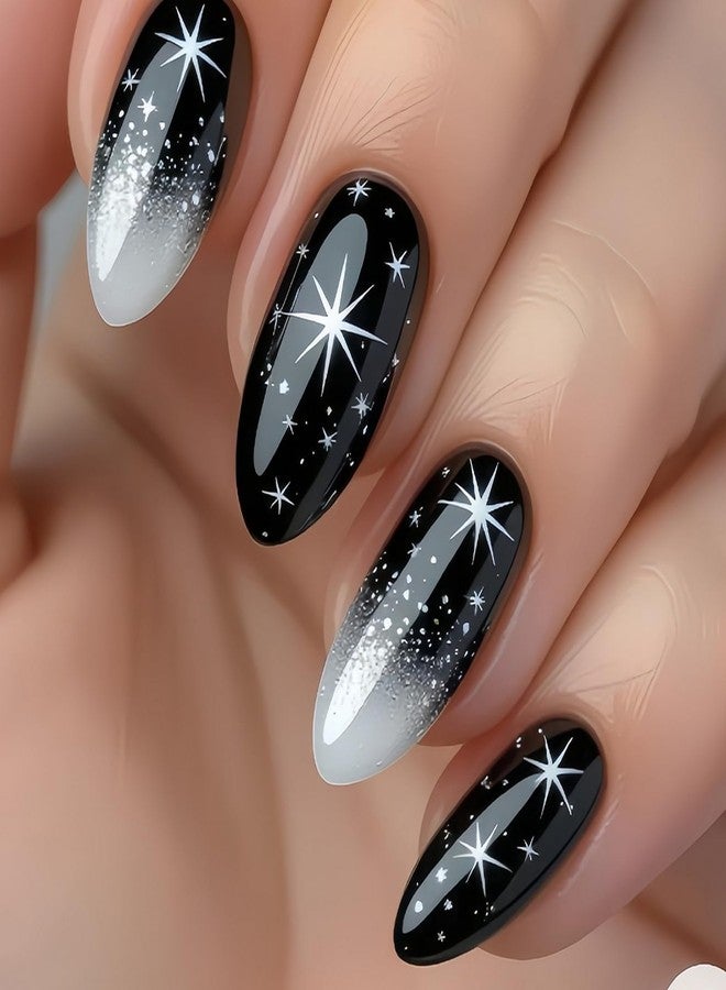 OFDNE Press on Nails Medium Almond OFDNE Fake Nails French Tip False Nails with Ombre Polka Dots Starlight Designs Black Glossy Glue on Nail Full Cover Acrylic Nails for Women Girls 24Pcs - Image 1