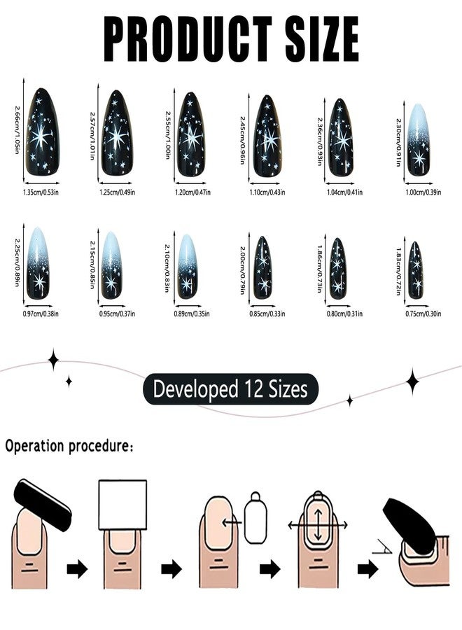 OFDNE Press on Nails Medium Almond OFDNE Fake Nails French Tip False Nails with Ombre Polka Dots Starlight Designs Black Glossy Glue on Nail Full Cover Acrylic Nails for Women Girls 24Pcs - Image 5