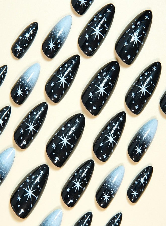 OFDNE Press on Nails Medium Almond OFDNE Fake Nails French Tip False Nails with Ombre Polka Dots Starlight Designs Black Glossy Glue on Nail Full Cover Acrylic Nails for Women Girls 24Pcs - Image 3